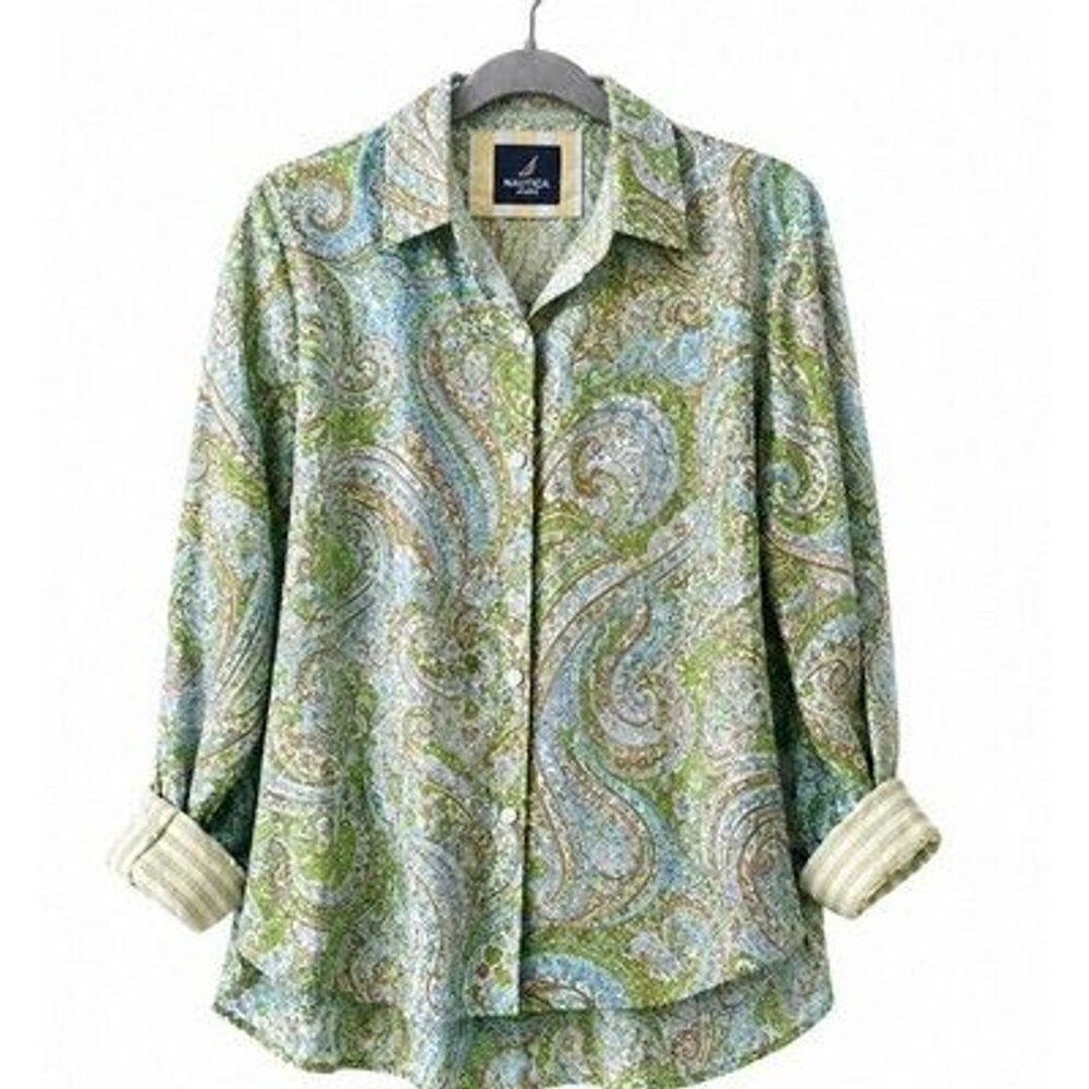 Nautica Jeans Brand Women's Paisley Button Down Shirt Large Green Yellow